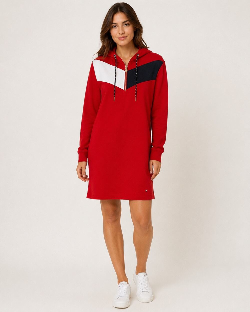 Tommy Hilfiger Hoodie Dress M Red Colorblock Half Zip Preppy Sport